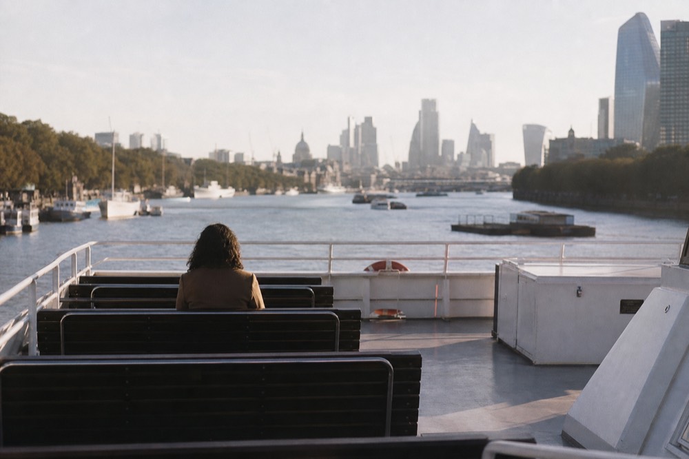 An almost empty open upper deck of a river boat on a calm bright morning, bench seats and a low rail, water flat behind