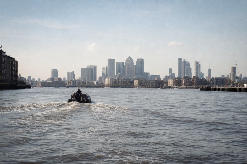 The towers of Canary Wharf seen low from mid-river on a hazy afternoon, dock water in the foreground and a wake crossing it